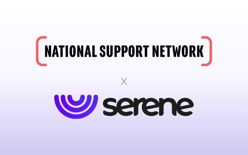 Serene and National Support Network Partnership. Logos of Serene and National Support Network side by side with an “×” indicating a new partnership